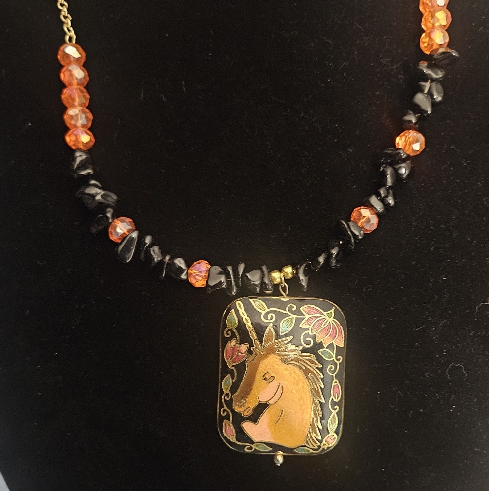 Handcrafted Unicorn Pendant Necklace with Orange and Black Beads